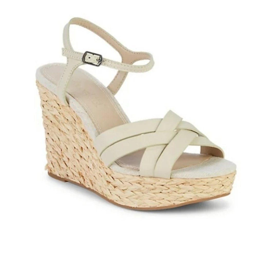 New Splendid Madelaine Leather Open Toe Ankle Strap Eggshell Wedge Sandals 8.5